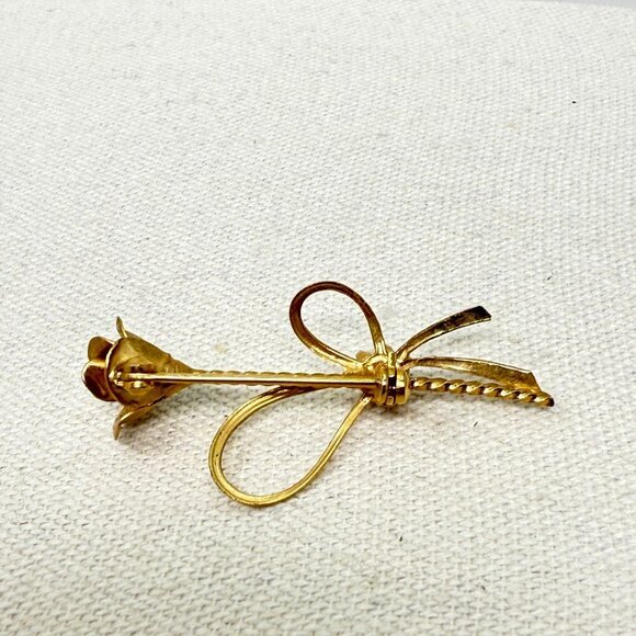 Vintage Rose Flower Brooch Gold-Tone Bow Dainty Minimal Imitation Pearl Retro - Picture 5 of 8